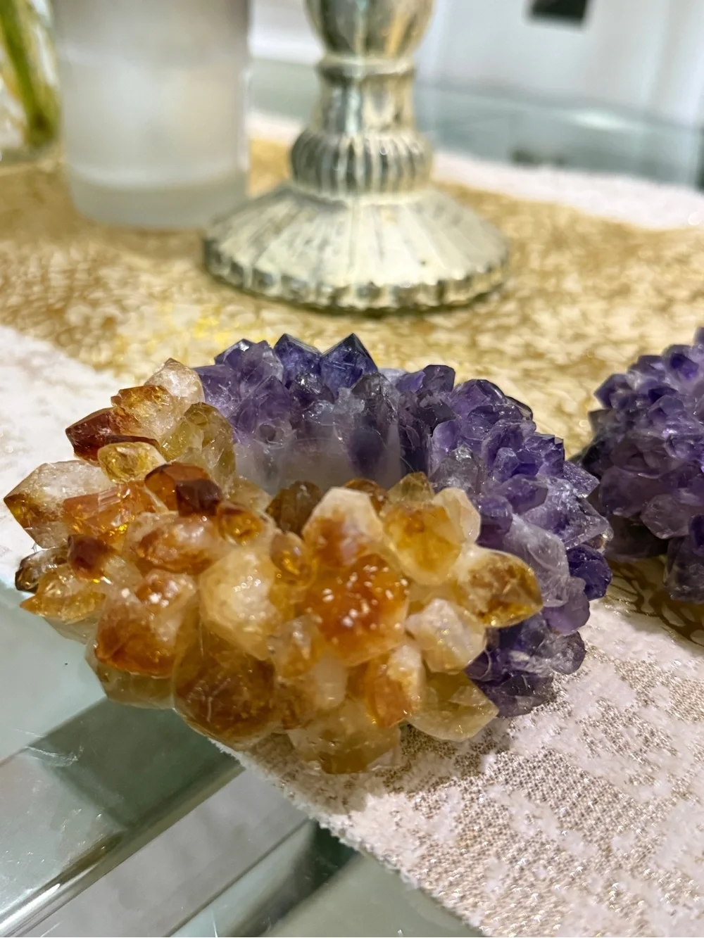 Handmade Amethyst & Citrine Candle Holders, Natural Gems - Set of 2